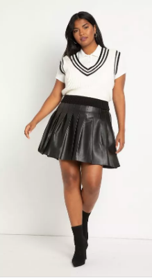 Plus Size Dark Academia - Faux Leather Pleated Skirt & Sweater Vest