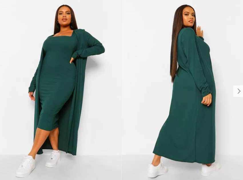 Plus Size Airport Outfit Idea - Matching Set with Duster & Dress in Green