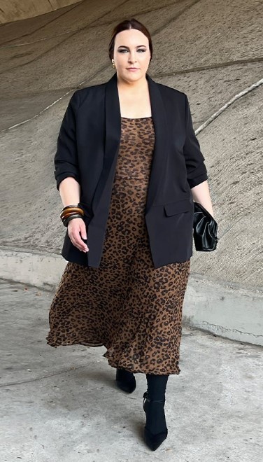 plus size business casual outfit animal print dress and blazer