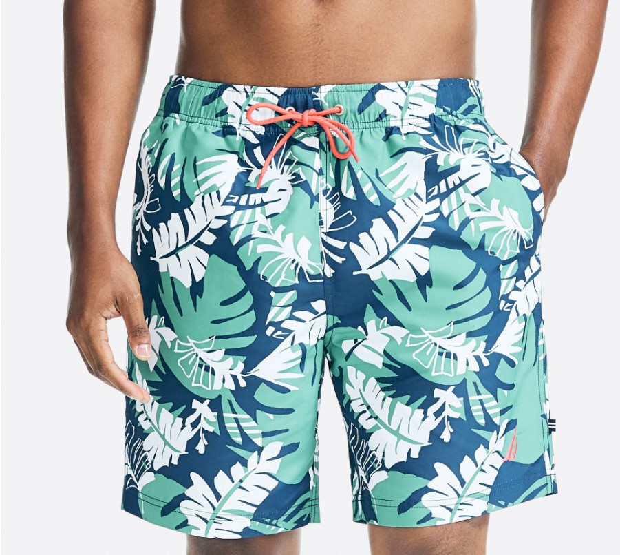  Plus Size Men's Swimwear - blue and green tropic leaf print 