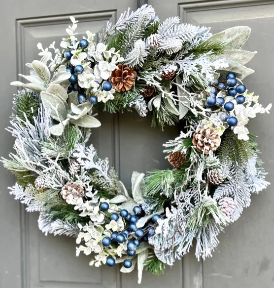 January Front Door Wreath - Winter Blue Berries Pine Eucalyptus and Lamb's Ear Front Door Wreath