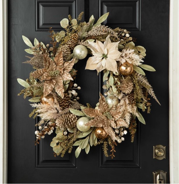 January Front Door Wreath - Gold Champagne Poinsettia, Glitz & Glam Christmas New Year Celebration Front Door Mantle Wreath