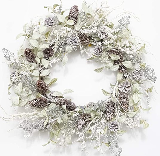January Front Door Wreath - Winter Birch Wreath White Berry Wreath with Iced Pine Cones & Holly Leaf