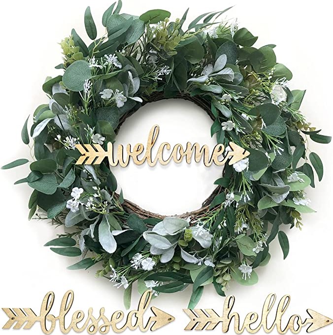 January Front Door Wreath - Eucalyptus Wreath with White Flowers and 3 Signs