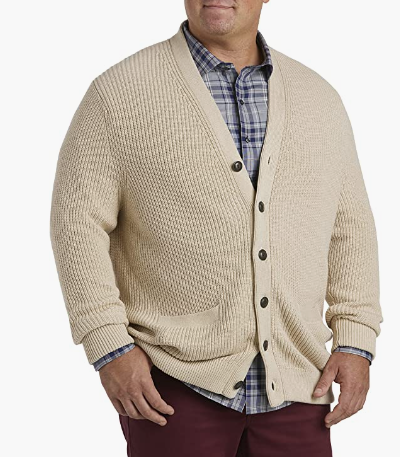 Big and tall business casual outfit featuring a knit cardigan in a light cream color, gray blue button down plaid shirt and dark red pants