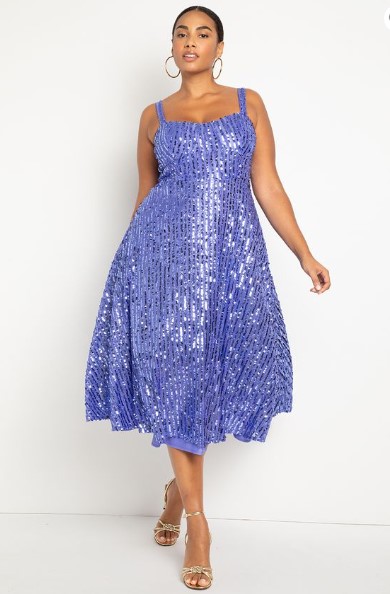 plus size prom dress - midi length square neckline purple sequins