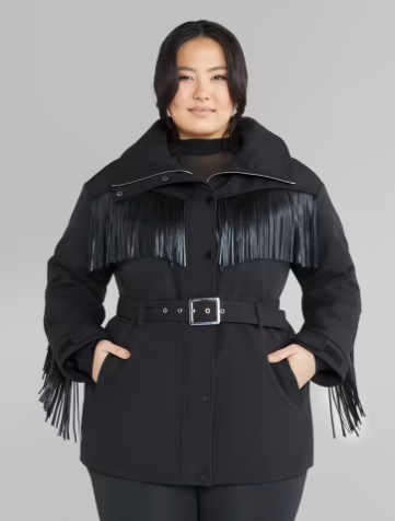 black plus size skiing jacket with fringe