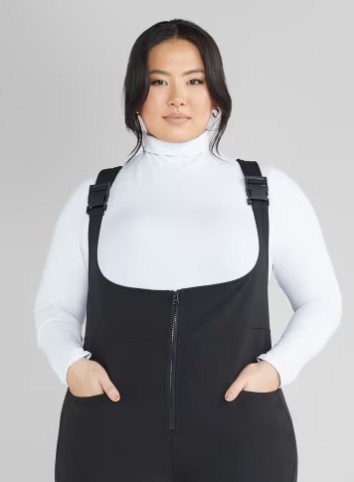 black plus size ski pants with overall suspenders