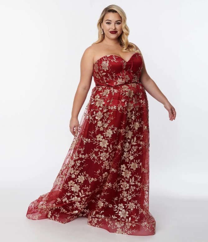 unique plus size prom dress red and gold with corseted top