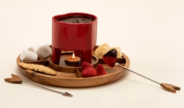 Valentines Couple Gifts - chocolate fondue set with arrow skewers and heart shaped container for melted chocolate