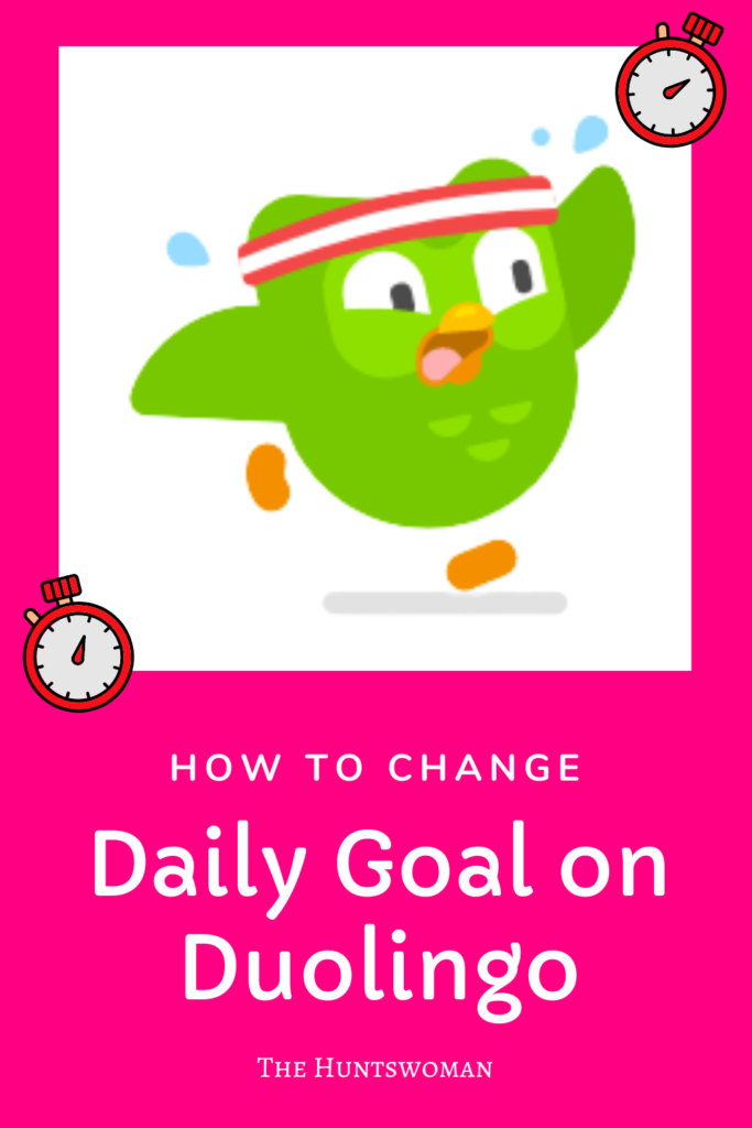 How to Change Daily Goal on Duolingo - Pinterest graphic showing Duolingo the owl with a sweatband on and running.  He has little droplets of sweat coming off his head!