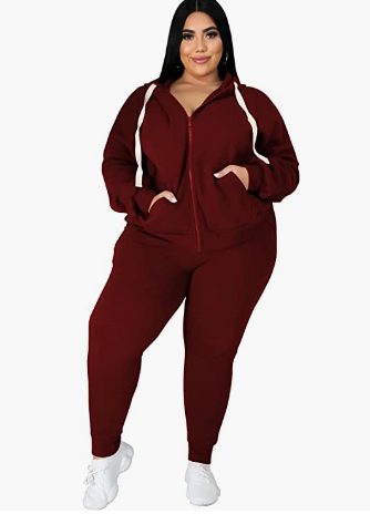 plus size airport outfit - dark red maroon burgundy wine color swetasuit