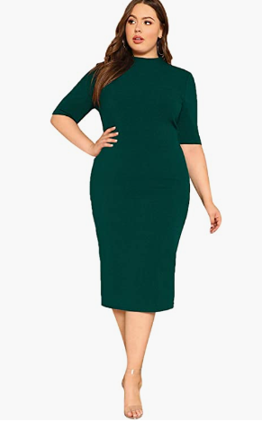 plus size business casual outfit idea green sophisticated plus size work dress that goes to mid-calf with mock-neck neckline and elbow length sleeves