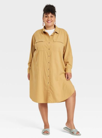 Plus Size Androgynous Fashion - Plus Size Long Sleeve Button Down Shirt Tunic Dress