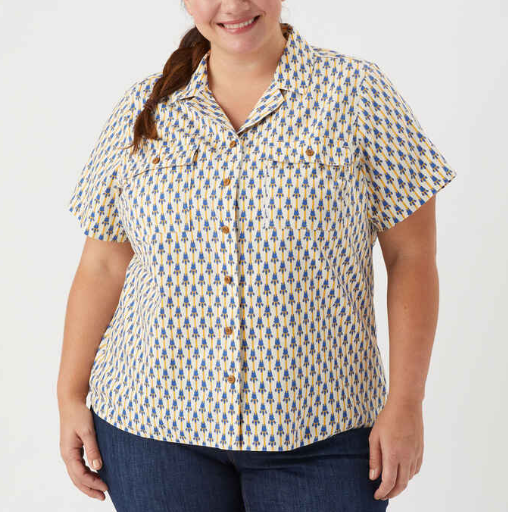plus size button down shirt for masculine of center folks.  Shirt is short sleeved and has a blue and yellow small repeating vertical pattern.