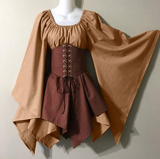 Short Plus Size Renaissance Inspired Costume in brown and tan colors with full dramatic drapey sleeves