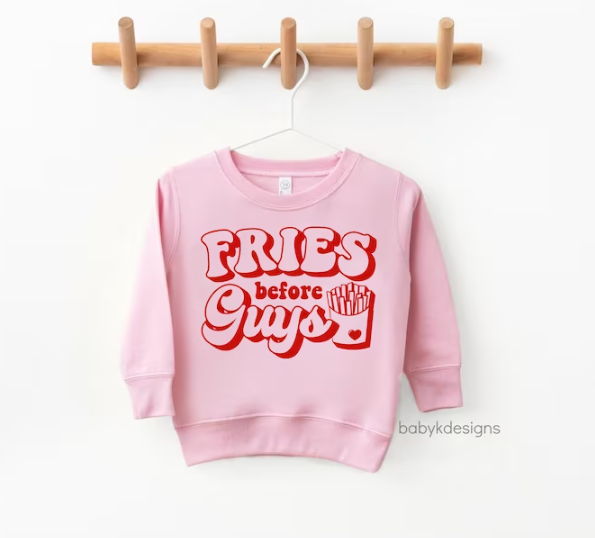 plus size valentines day sweatshirt with text "Fries Before Guys"