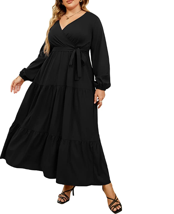 Plus Size Black Maxi Dress with Long Sleeves