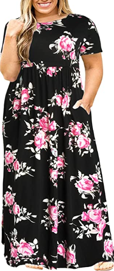 Plus Size black and Pink Floral Maxi Dress