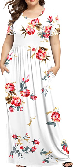 Plus Size White Red Flower Maxi Dress