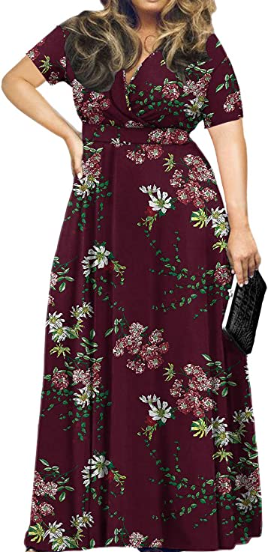 Plus  Size Wine Red Floral Maxi Dress
