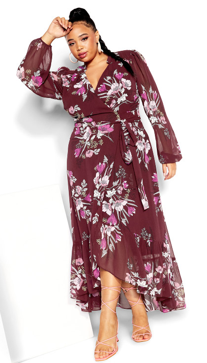 Red Plus Size Floral Maxi Dress - Sleeves