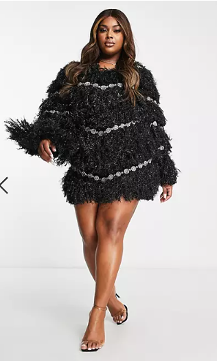 Plus Size Feather Dress - Black Sparkly Dress