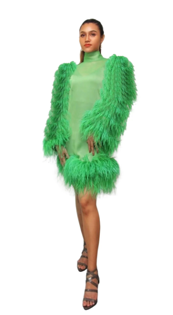 Plus Size Feather Dress - Feather Sleeves Green Dress