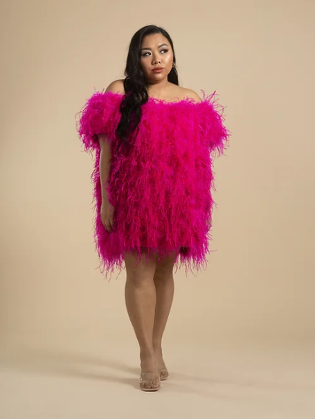 Plus Size Feather Dress - Hot Pink Mini Dress