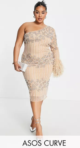 Plus Size Feather Dress - Nude Dress with Feather Trimmed Sleeves