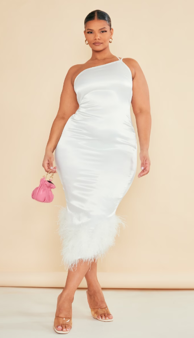 Plus Size Feather Dress - White One Shoulder Dress