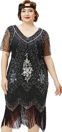 Plus Size Flapper Dress with Sleeves - Black and Silver Dress with Fringe