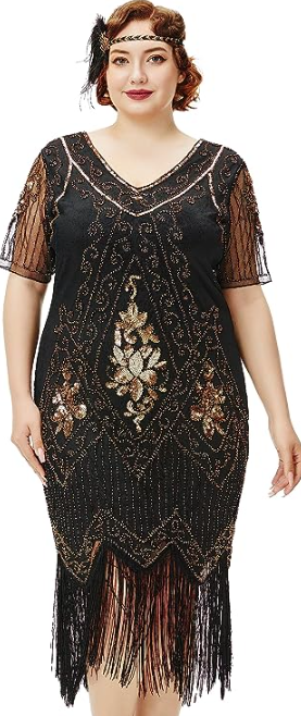 Plus Size Flapper Dress with Sleeves - Black and Gold Dress with Fringe