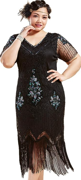 Plus Size Flapper Dress with Sleeves - Black Dress with Sequins and Fringe