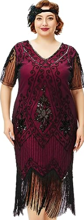 Plus Size Flapper Dress with Sleeves - Maroon and Black Dress with Fringe