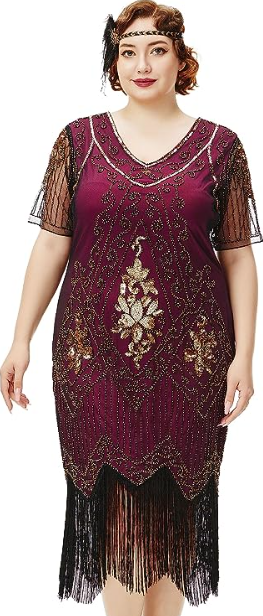 Plus Size Flapper Dress with Sleeves - Maroon and Gold Dress with Fringe