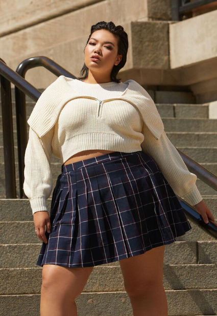 Plus Size Preppy Outfit - Cream Sweater and Plaid Skirt