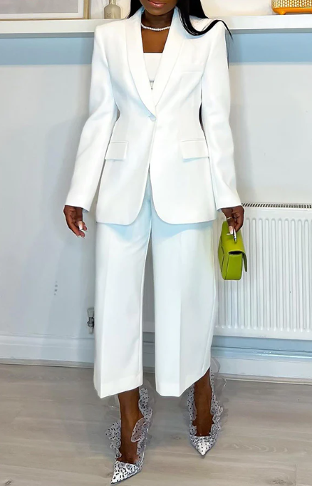 Plus Size White Wedding Suit - White Suit with Cropped Pants